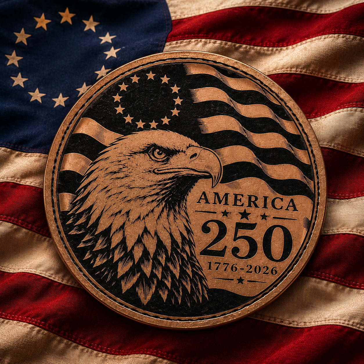 Round leatherette coaster laser-engraved with bald eagle and America 250 1776-2026 design on American flag background