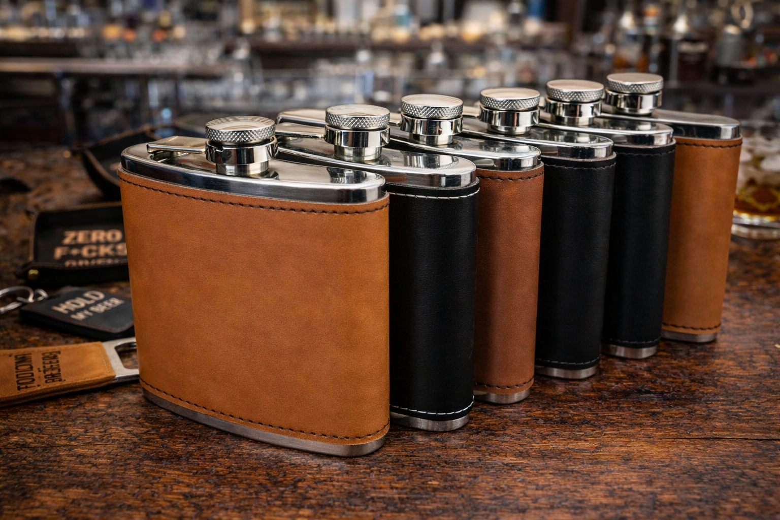 Leatherette flasks collection at the bar