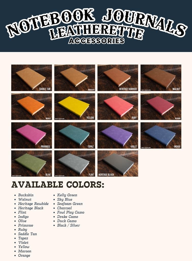 Leatherette journal color catalog showing all available colors
