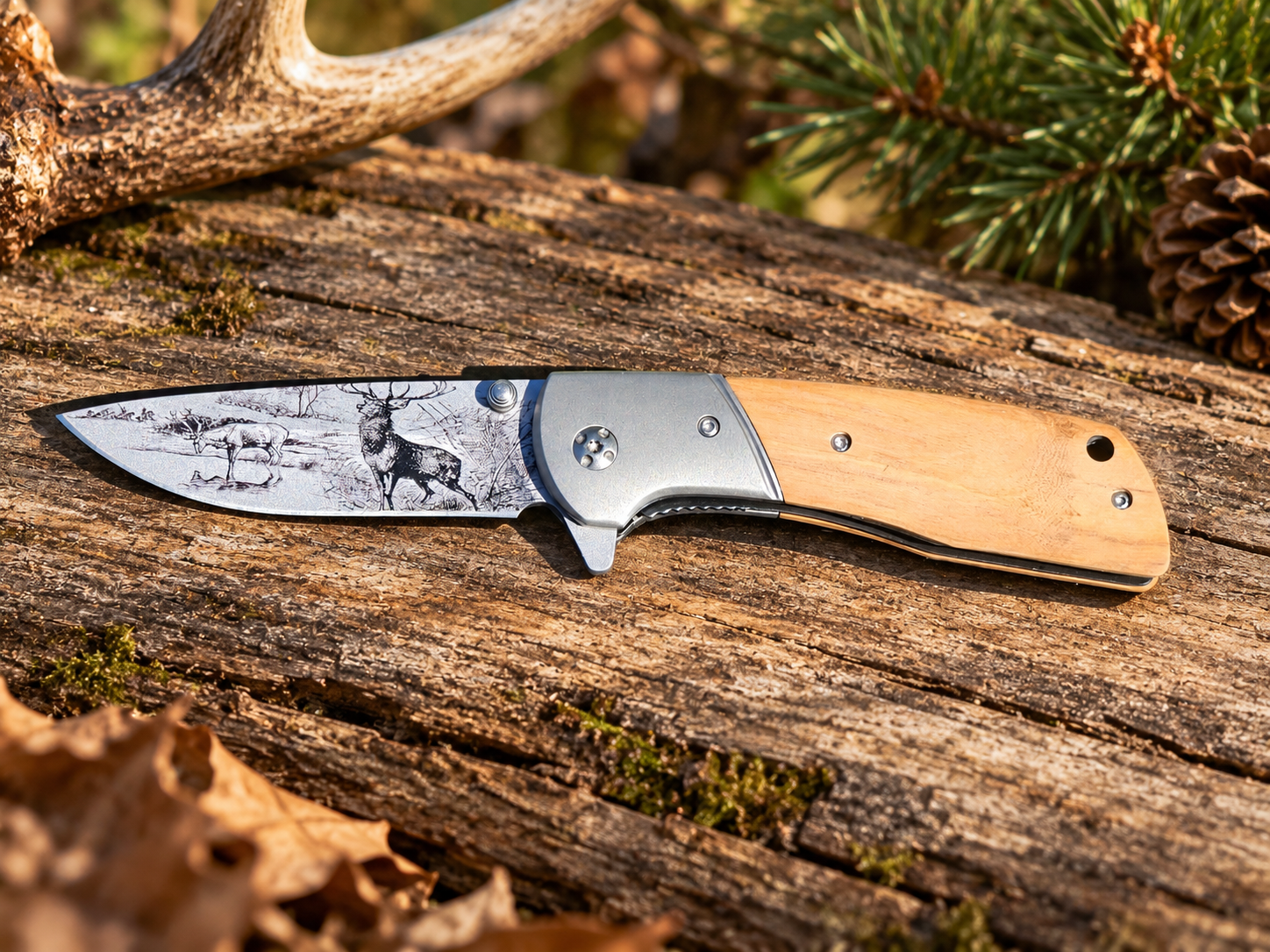 Deer Engraved Wood Handle
