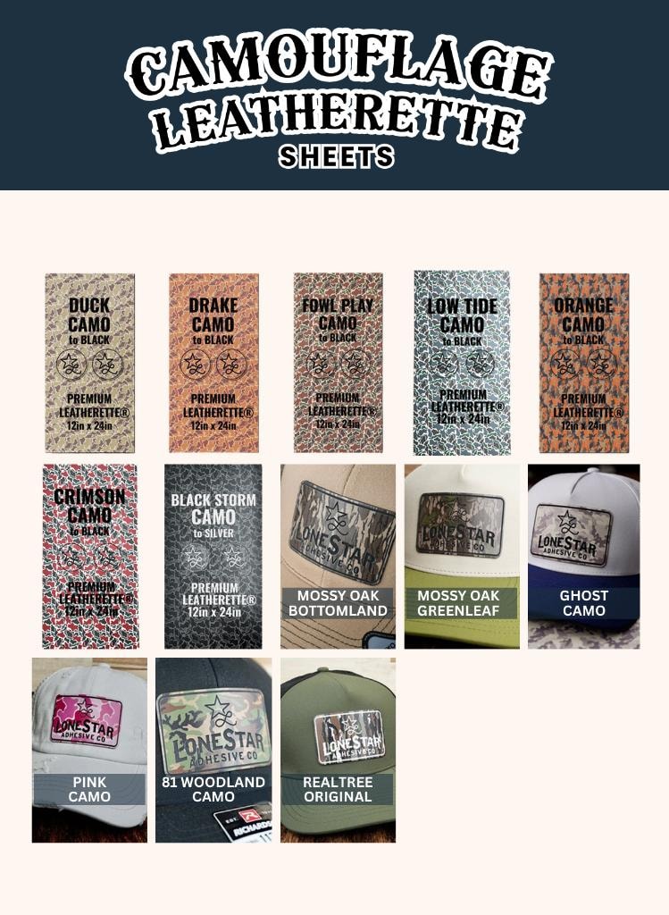 Camouflage Leatherette — Duck Camo, Drake Camo, Fowl Play Camo, Low Tide Camo, Orange Camo, Crimson Camo, Black Storm Camo, Mossy Oak Bottomland, Mossy Oak Greenleaf, Ghost Camo, Pink Camo, 81 Woodland Camo, Realtree Original