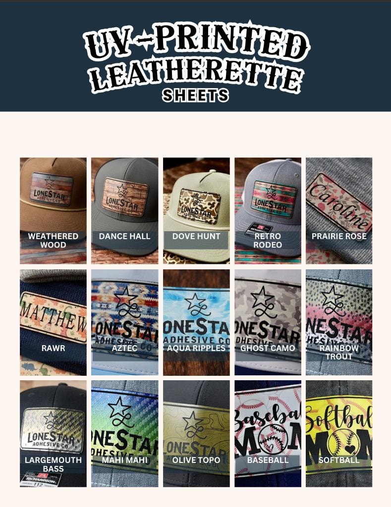 UV-Printed Leatherette — Weathered Wood, Dance Hall, Dove Hunt, Retro Rodeo, Prairie Rose, Rawr, Aztec, Aqua Ripples, Ghost Camo, Rainbow Trout, Largemouth Bass, Mahi Mahi, Olive Topo, Baseball, Softball