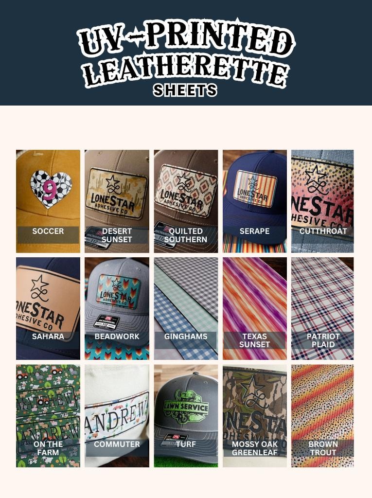 UV-Printed Leatherette — Soccer, Desert Sunset, Quilted Southern, Serape, Cutthroat, Sahara, Beadwork, Ginghams, Texas Sunset, Patriot Plaid, On the Farm, Commuter, Turf, Mossy Oak Greenleaf, Brown Trout