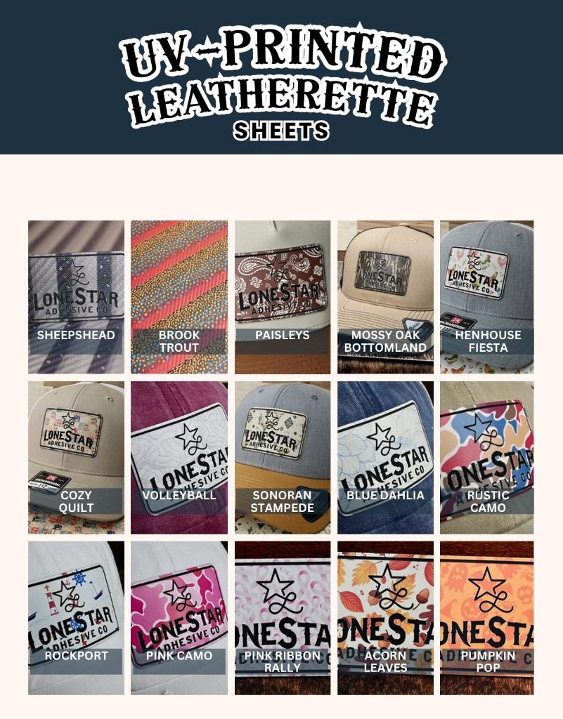 UV-Printed Leatherette — Sheepshead, Brook Trout, Paisleys, Mossy Oak Bottomland, Henhouse Fiesta, Cozy Quilt, Volleyball, Sonoran Stampede, Blue Dahlia, Rustic Camo, Rockport, Pink Camo, Pink Ribbon Rally, Acorn Leaves, Pumpkin Pop