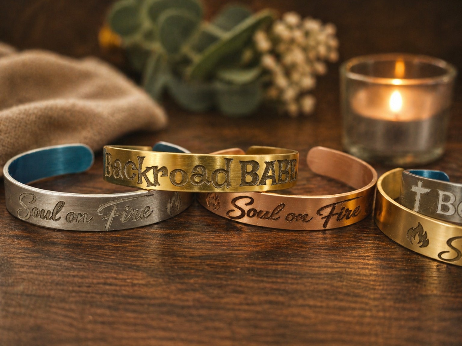 Engraved metal cuff bracelets Backroad Babe Soul on Fire