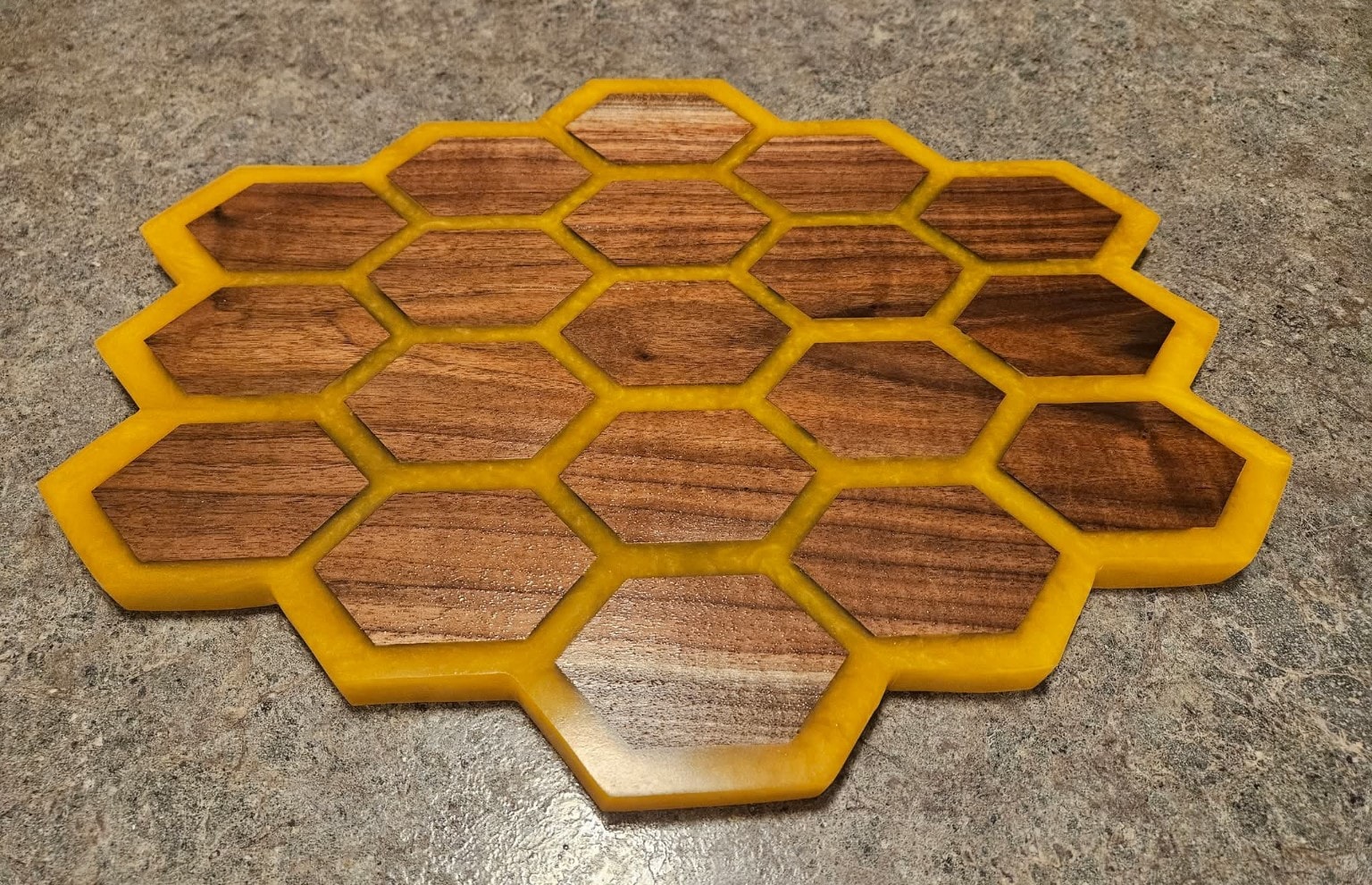 Walnut and yellow resin honeycomb trivet wood project