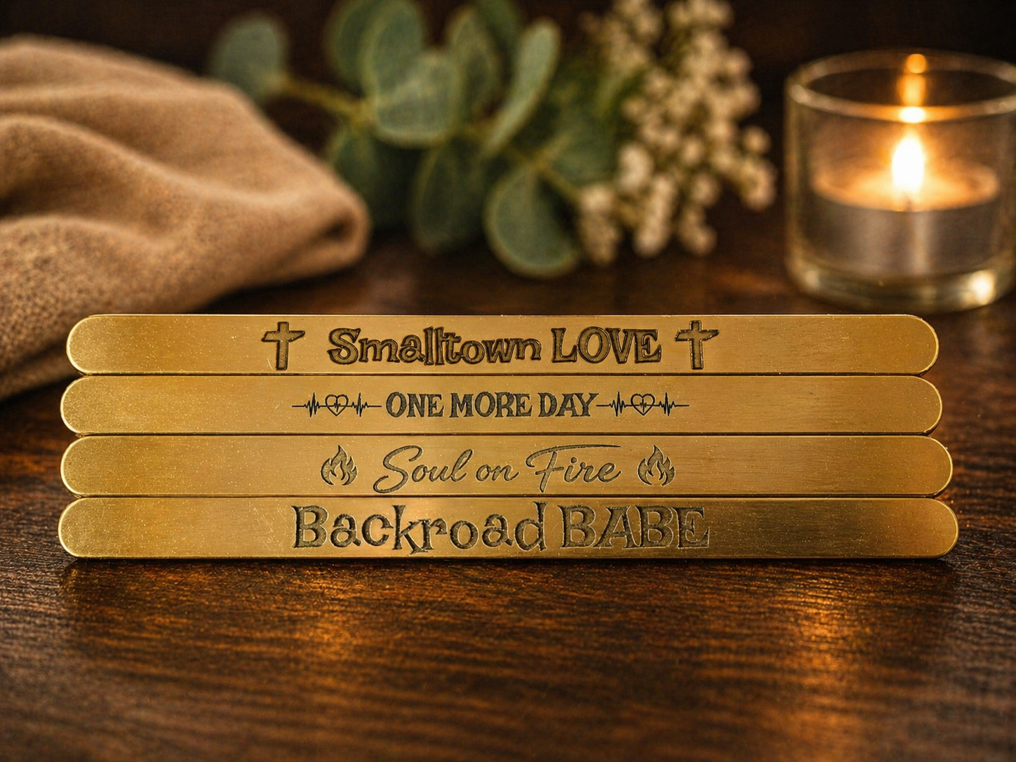 Engraved brass bookmarks Smalltown Love Soul on Fire Backroad Babe