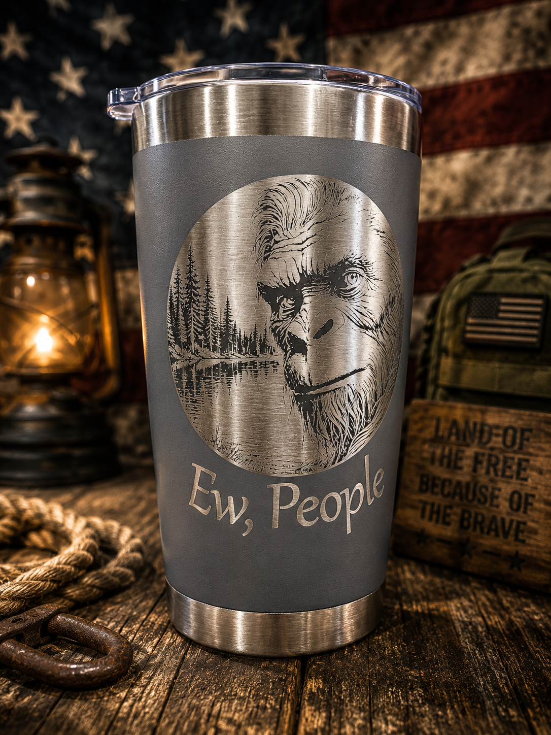 Ew People Bigfoot engraved gray stainless tumbler