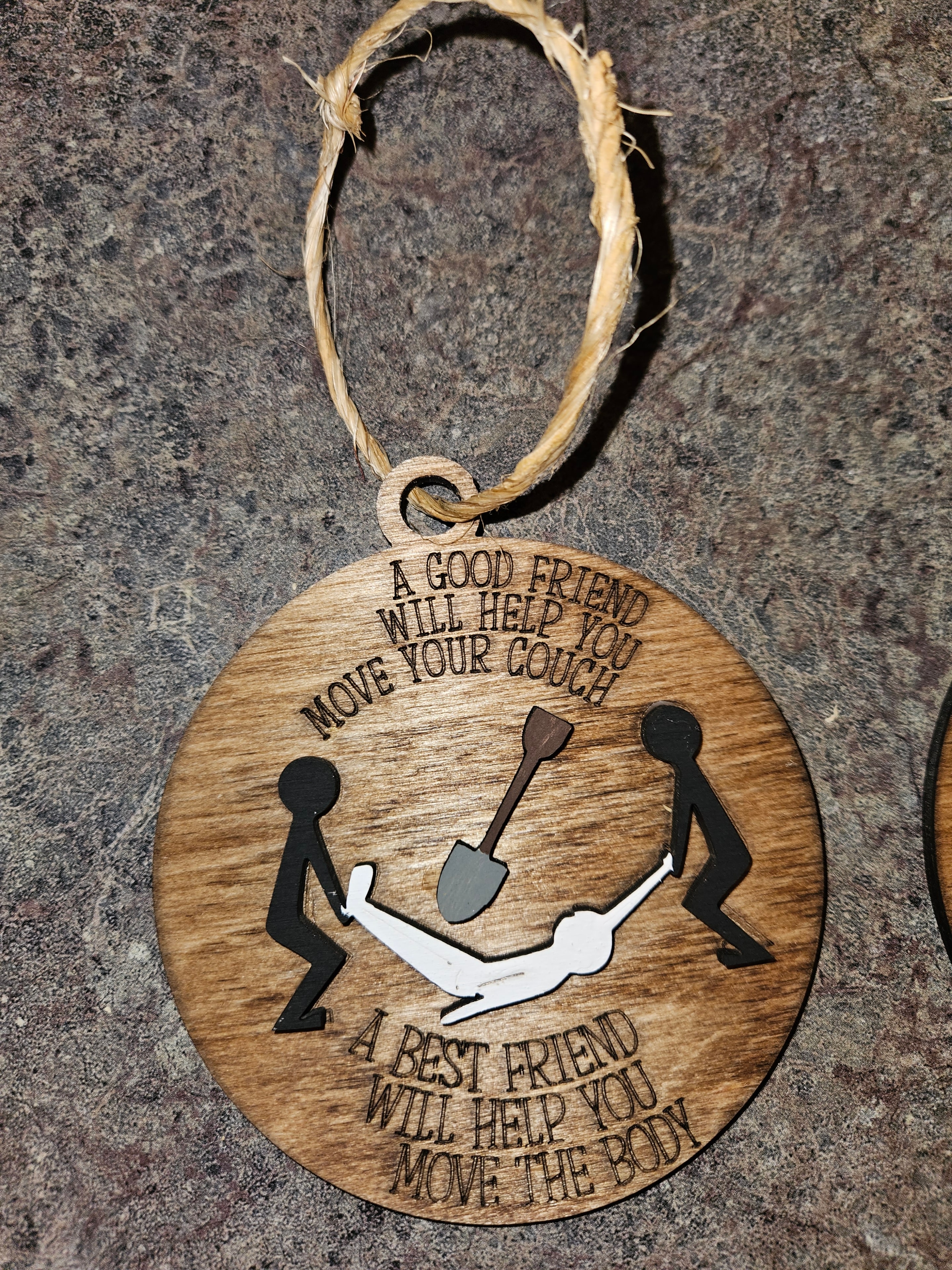 A Good Friend Best Friend laser-engraved wood ornament with jute hanger