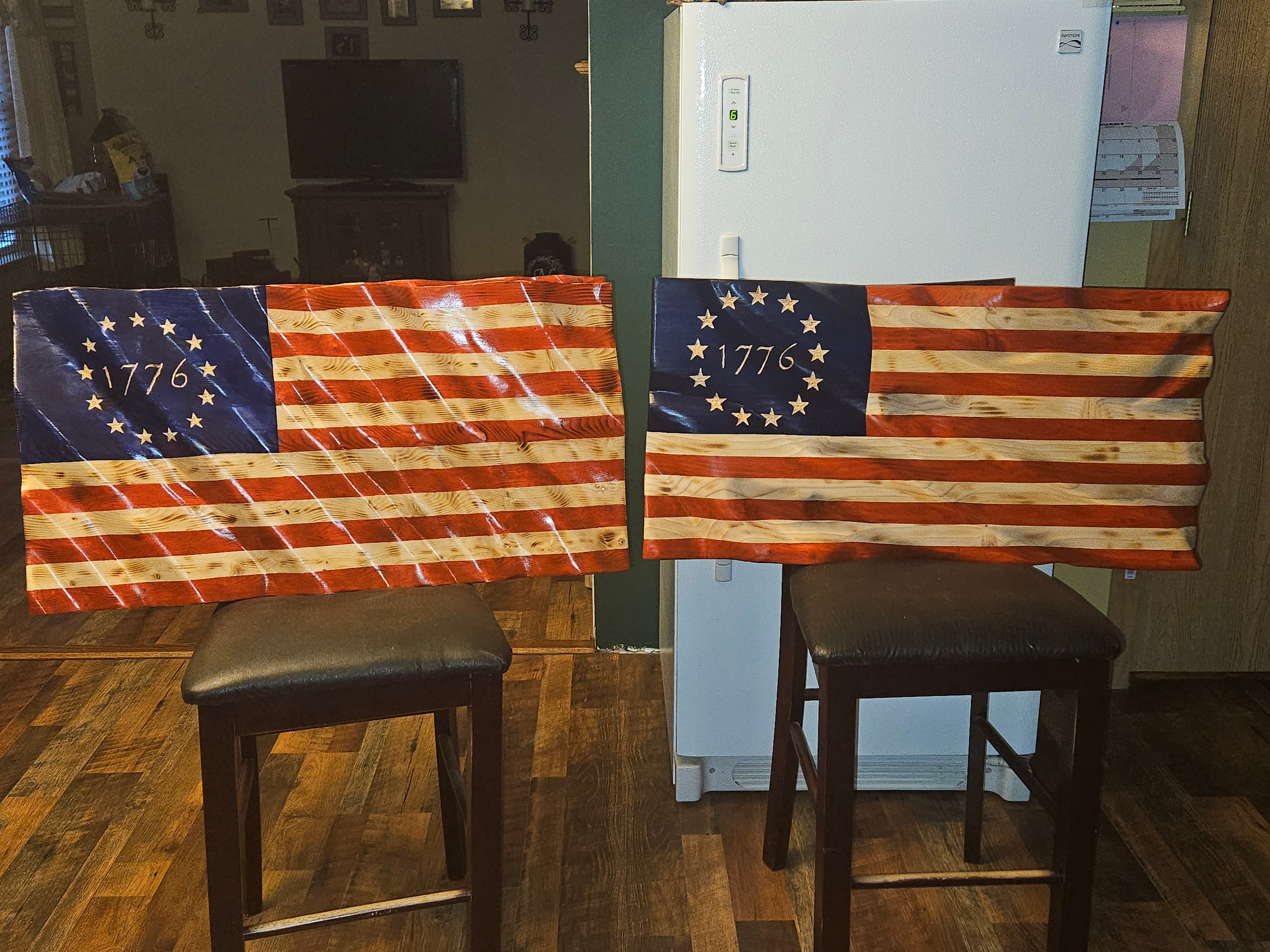 Two handcrafted Betsy Ross 1776 wooden American flags