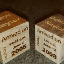 Engraved baby arrival wood blocks Drew and Gabriel Naylor 2005 2008