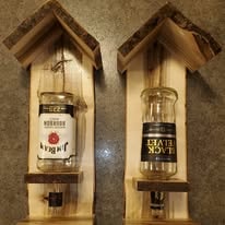 Rustic cedar birdhouse liquor bottle dispensers pair