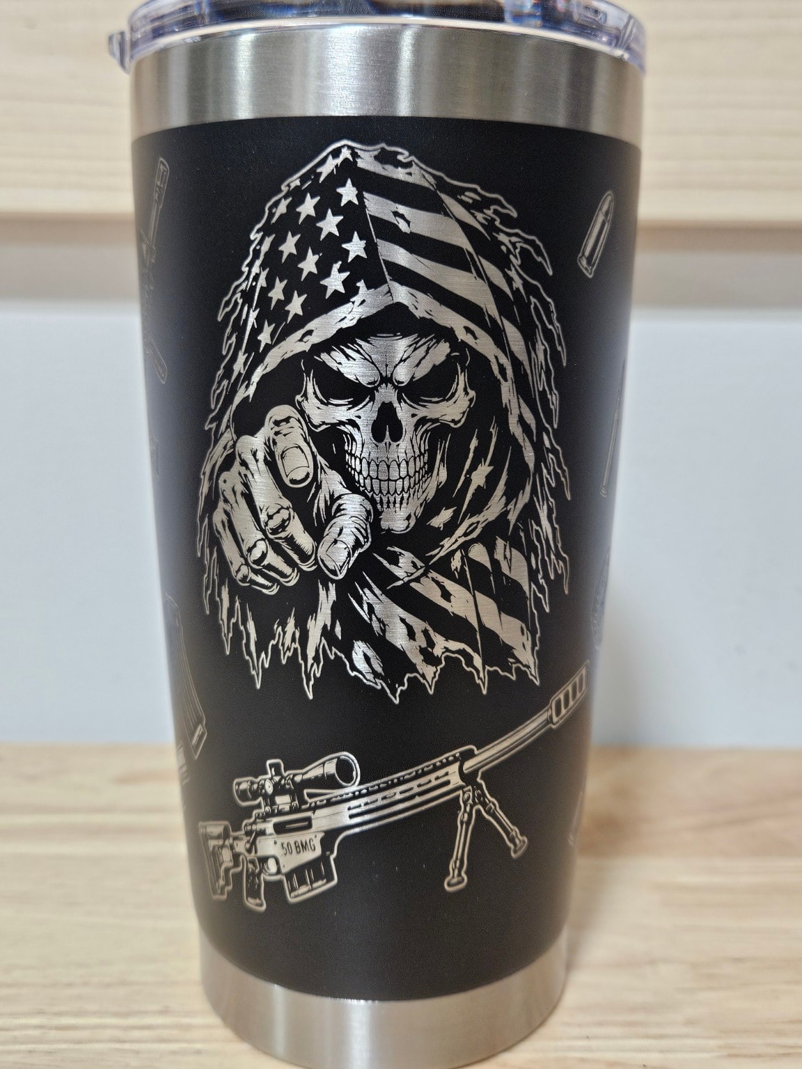 Custom engraved skull American flag tumbler