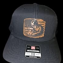 Black Richardson 112 hat with welder American flag rectangular leather patch