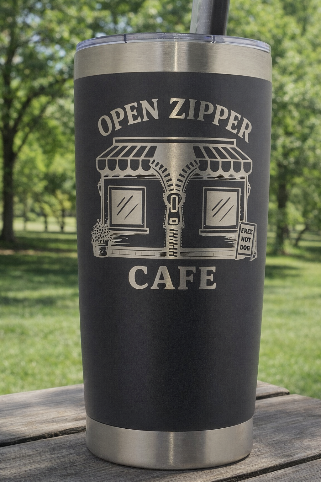 Open Zipper Cafe custom engraved tumbler outdoors
