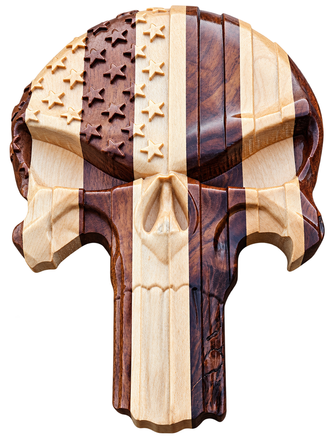 Carved wooden American flag Punisher skull front view