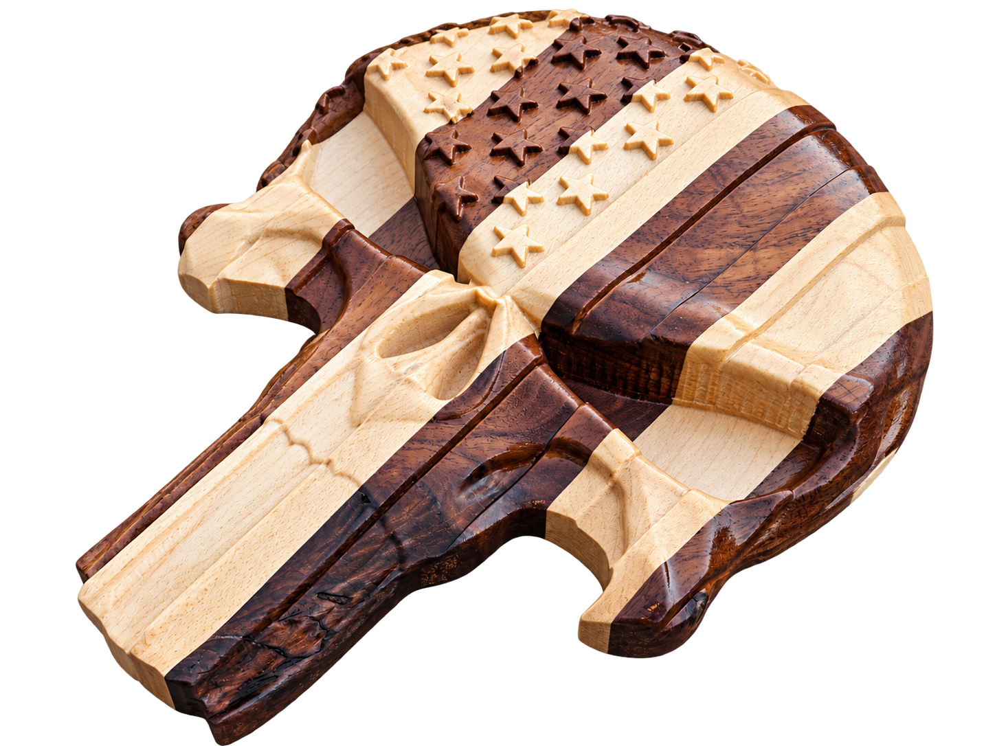Carved wooden American flag Punisher skull angle view