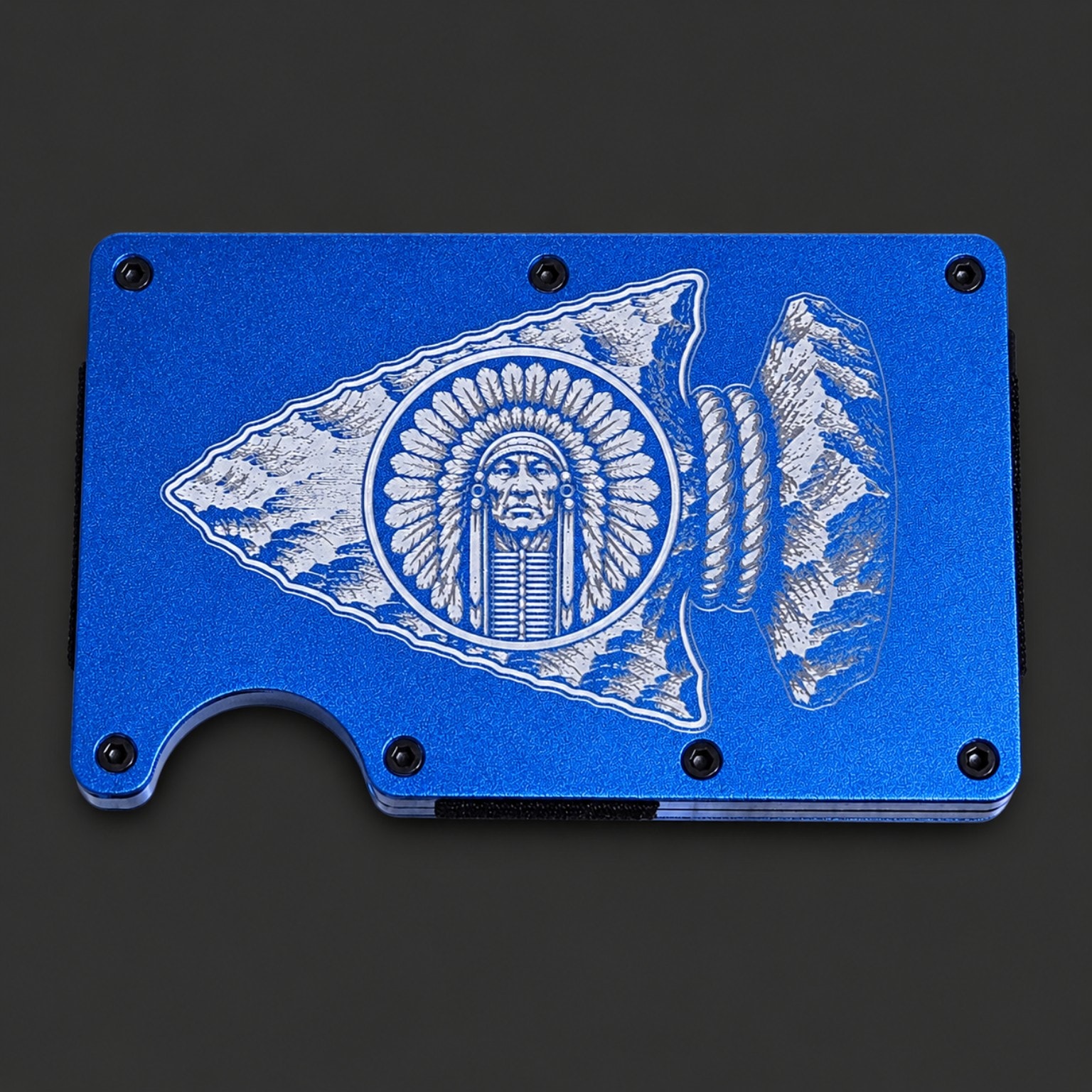 Blue aluminum wallet engraved with Native American chief