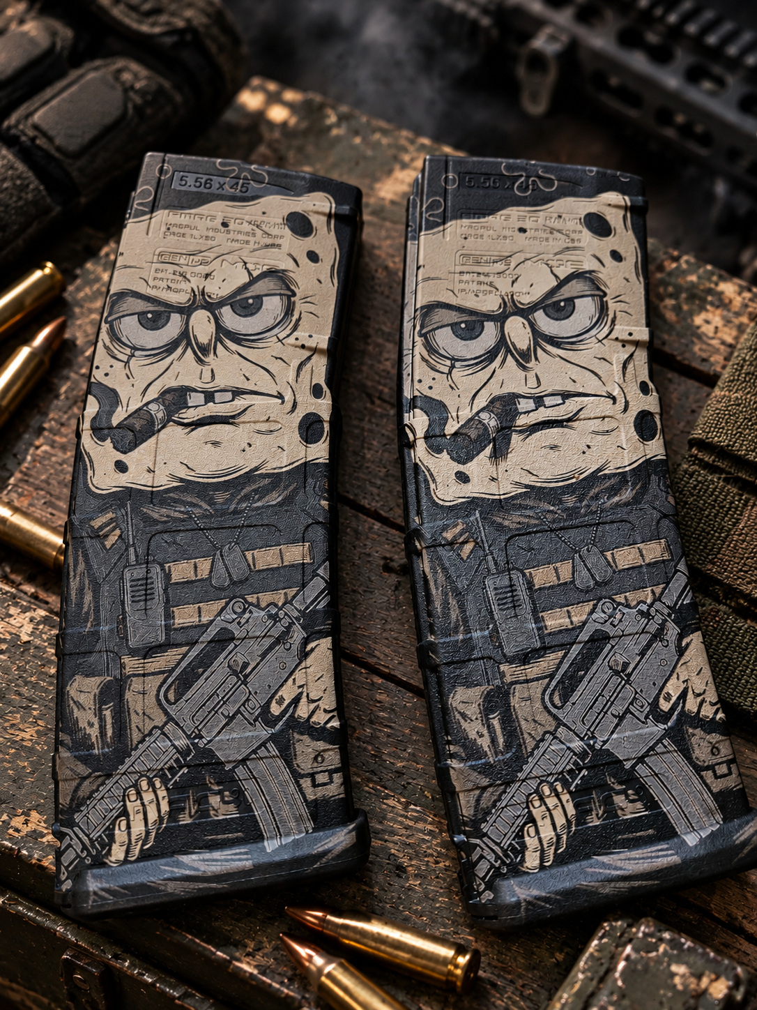 Pair of cartoon soldier face laser engraved PMAGs