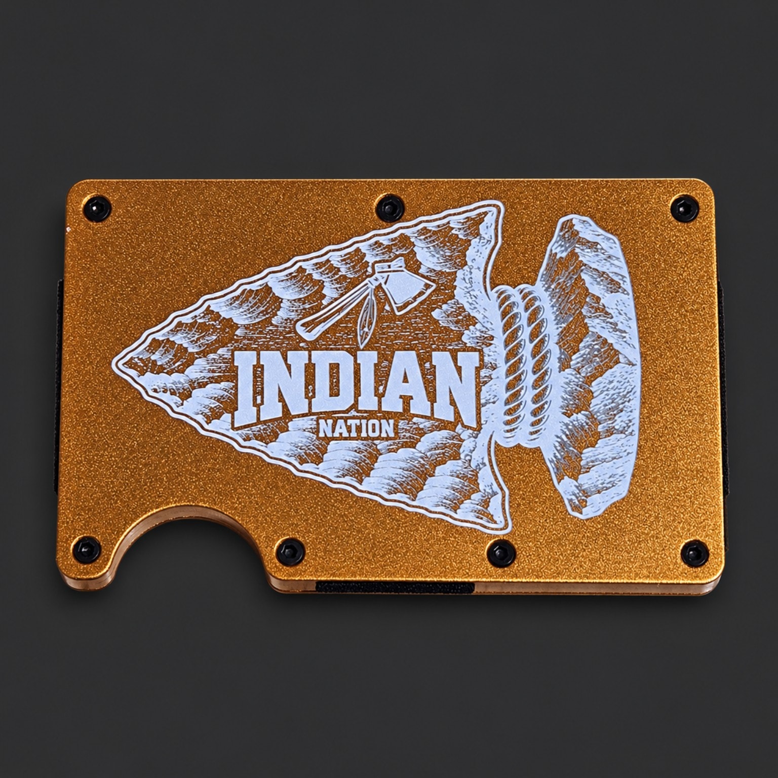 Gold aluminum wallet laser-engraved with Indian Nation arrowhead design
