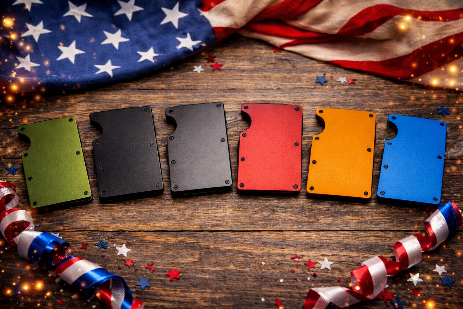 Aluminum wallets in green, black, red, orange, and blue on rustic wood with American flag